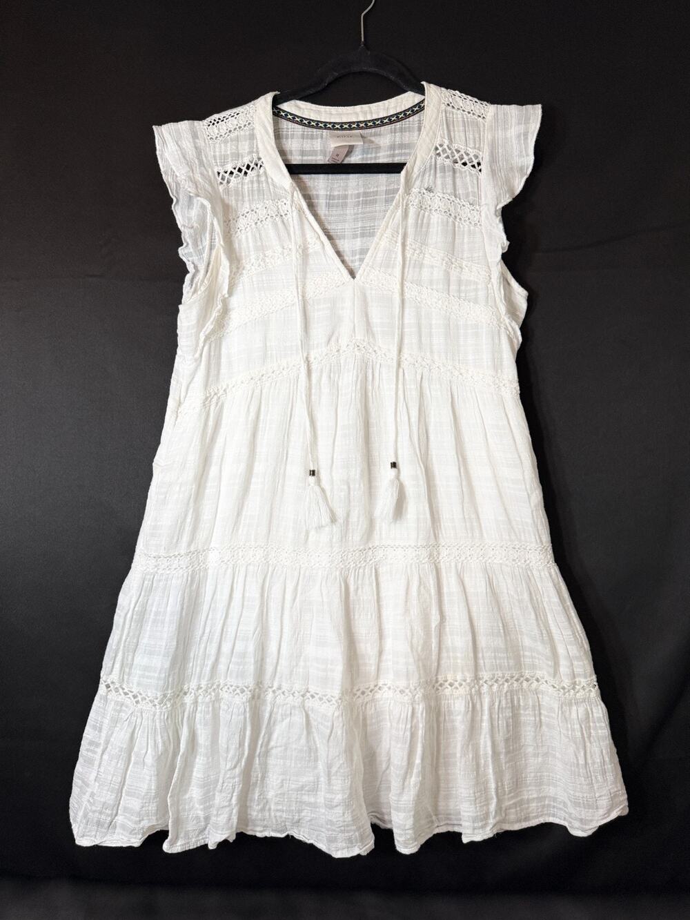 Knox Rose Womens M White Gauze Tiered Boho Dress Crochet Lace Tassel Cottagecore